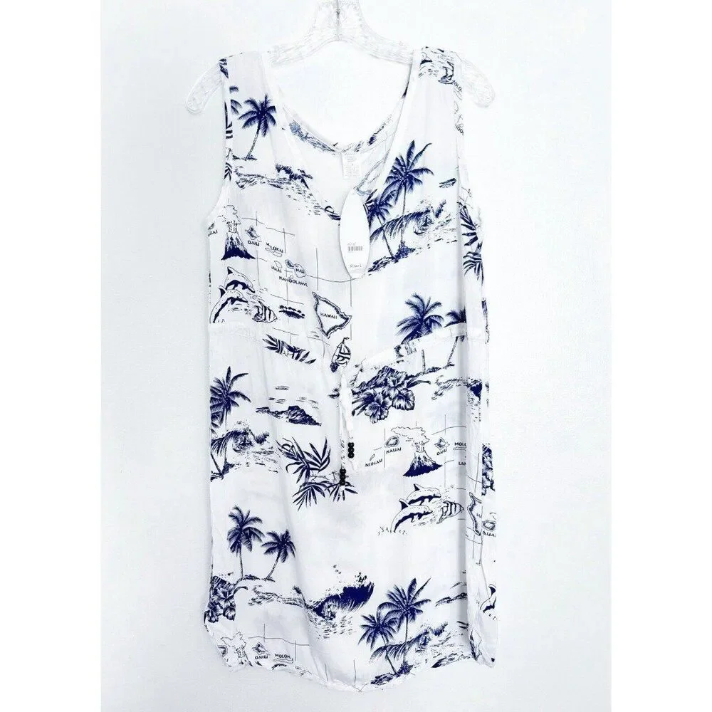 Ladies Hawaiian Islands Beach Cover Up Dress Size L Blue And White - Picture 1 of 5